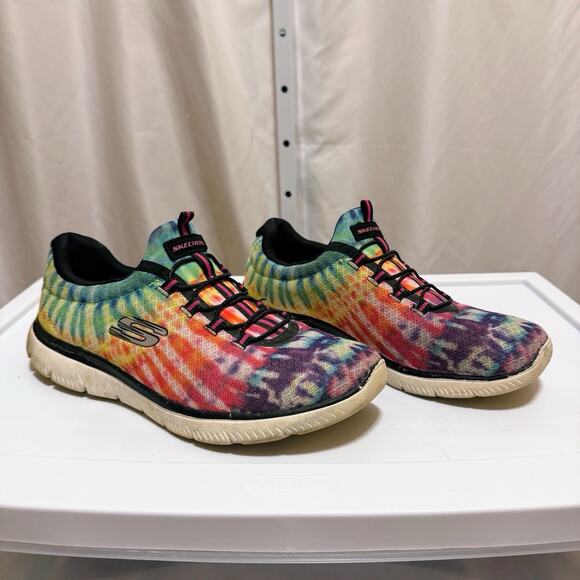 Skechers Rainbow TIE-DYE Memory Foam FLEX Womens Slip On Running Shoes Size 10 - Picture 1 of 7